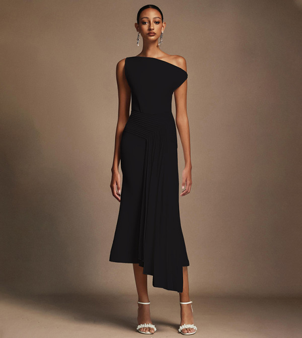 JUNY Oblique Shoulder Sleeveless Folds Midi Dress