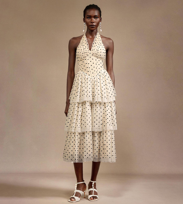 JULIETA Polka Dots Sleeveless Layered Folds Midi Dress