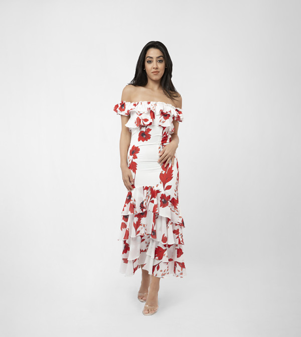 Floral Print Off-Shoulder Layered Dress