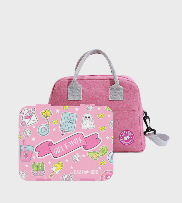 Girl Power Printed Bento Box with Insulated Lunch Bag and Cutter Set