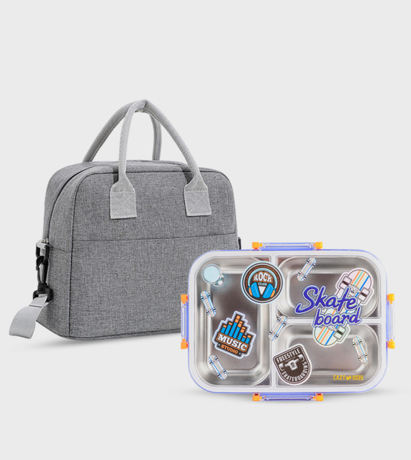3 Compartment Stainless Steel Bento Lunch Box and Lunch Bag Set - 800ml, Skate Board