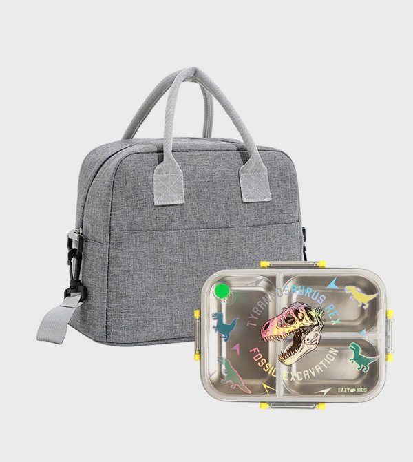 3 Compartment Stainless Steel Bento Lunch Box and Lunch Bag Set - 800ml, T- Rex