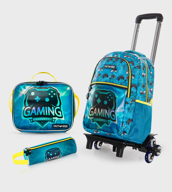 4-Piece Printed 16" 4 Wheel Trolley Backpack Set - Gaming