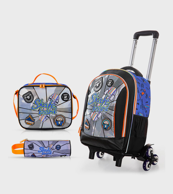4-Piece Printed 17" 4 Wheel Trolley Backpack Set - Skate Board