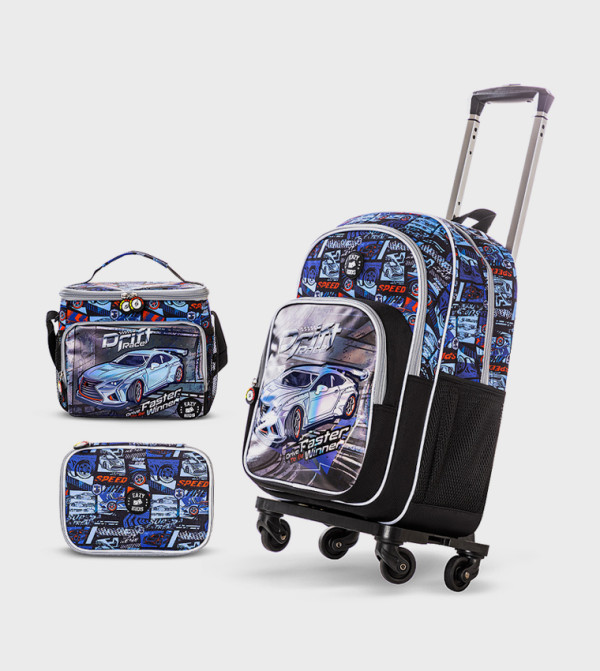 4-Piece Printed 18" 4 Wheel Trolley Backpack Set - Car Racing