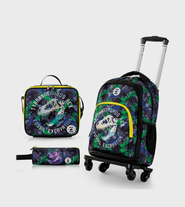 4-Piece Printed 17" 4 Wheel Trolley Backpack Set - T-Rex