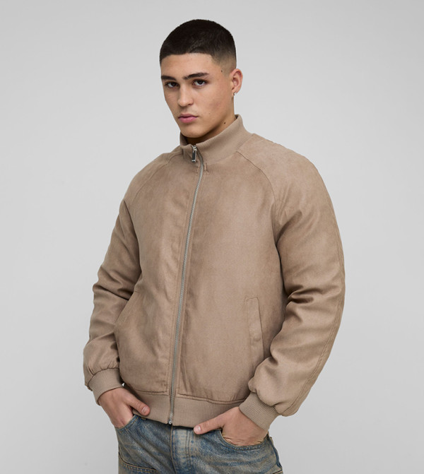 Regular Fit High Neck Faux Suede Bomber Jacket