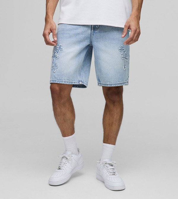 Relaxed Fit Washed Cross Applique Denim Shorts