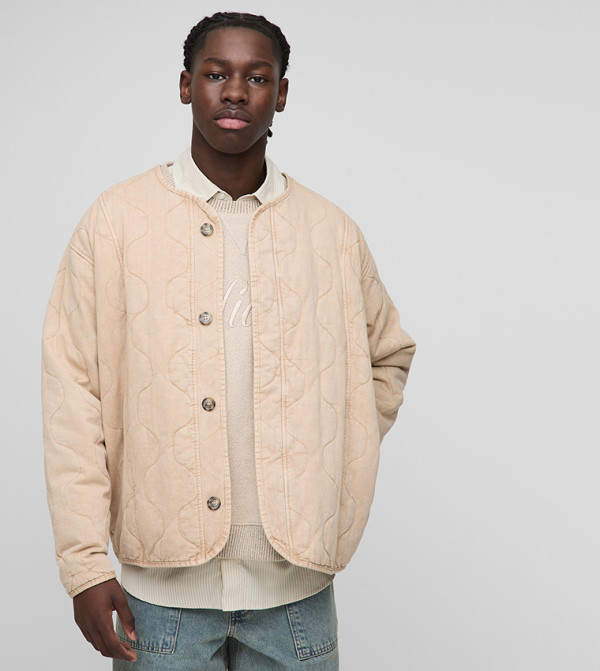 Washed Twill Quilted Collarless Oversized Bomber Jacket