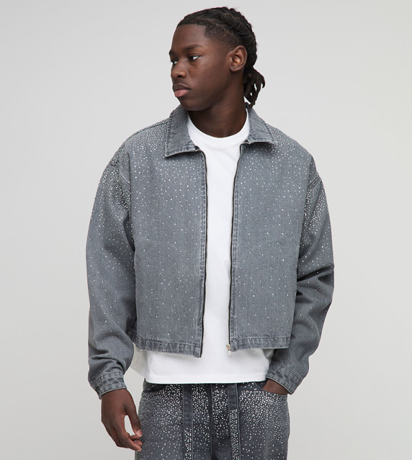 Rhinestone Boxy Fit Denim Jacket