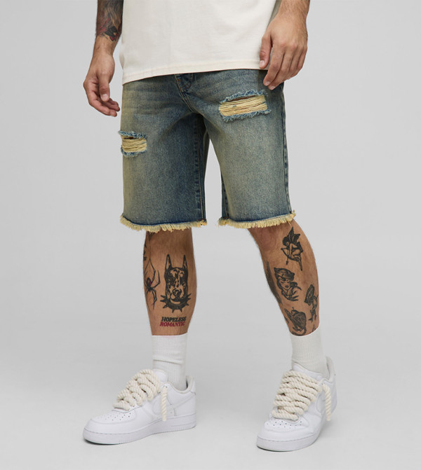 Relaxed Fit Ripped Washed Denim Shorts