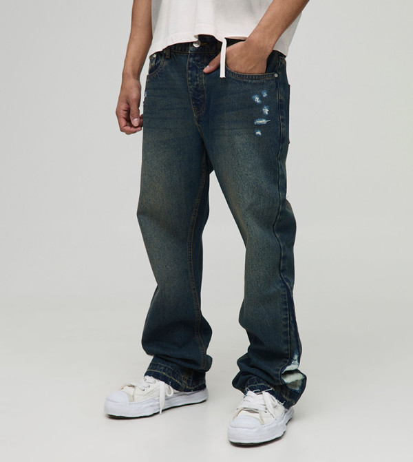 Vintage Washed Distressed Gusset Flared Slim Fit Jeans
