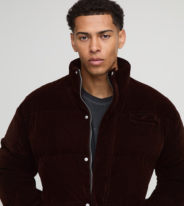 Boxy Fit Velour High Neck Puffer Jacket
