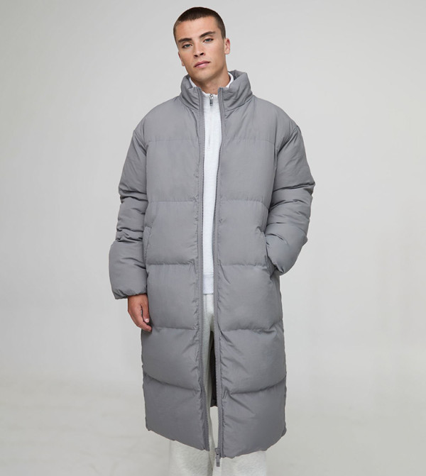 Crinkle Nylon High Neck Longline Oversized Puffer Jacket