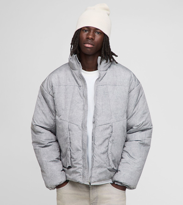 Washed Nylon High Neck Oversized Puffer Jacket