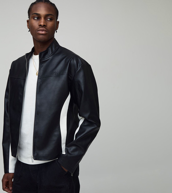 Color Block Panel PU Boxy Fit Biker Jacket