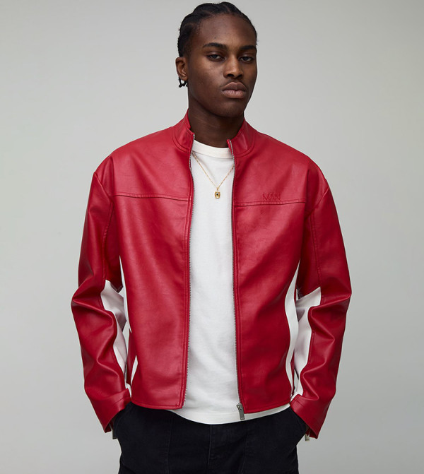 Color Block Panel PU Boxy Fit Biker Jacket