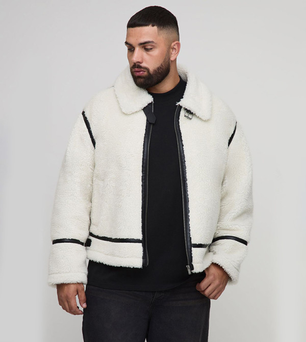 Plus & Tall Oversized PU Trim Borg Aviator Jacket