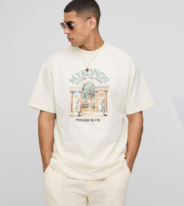 Mykonos Paradise Island Printed Oversized T-Shirt