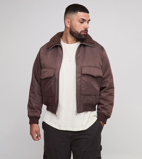 Plus & Tall Regular Fit Borg Collar Nylon Bomber Jacket