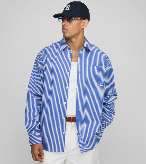 Embroidered Striped Long Sleeves Oversized Shirt