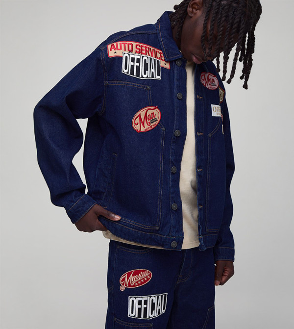 Varsity Badge Applique Denim Worker Jacket