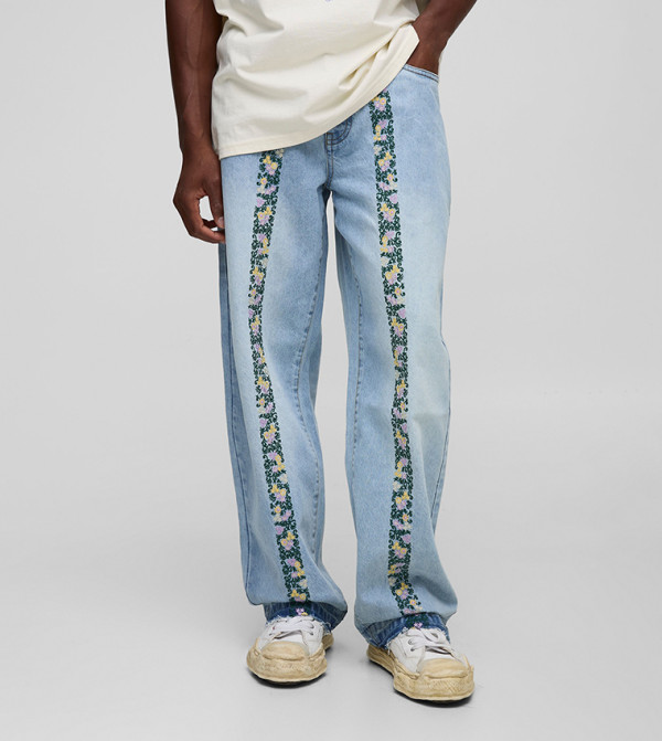 Let Down Hem Floral Embroidered Relaxed Fit Jeans