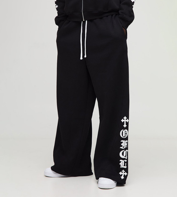 Gothic Graphic Puff Print Extended Drawcord Wide Leg Sweatpants