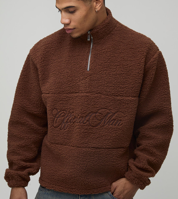 Borg Panel Slogan Zipper Neck Funnel Oversized Sweatshirt