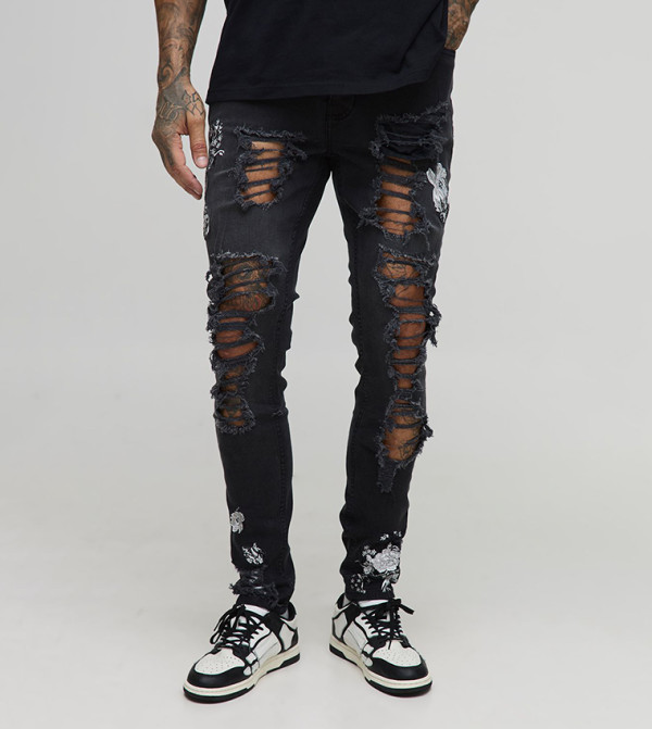Tall Floral Embroidered Ripped Skinny Fit Jeans