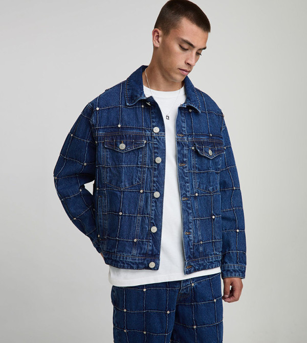 Washed Checkerboard Rivet Embellished Denim Jacket