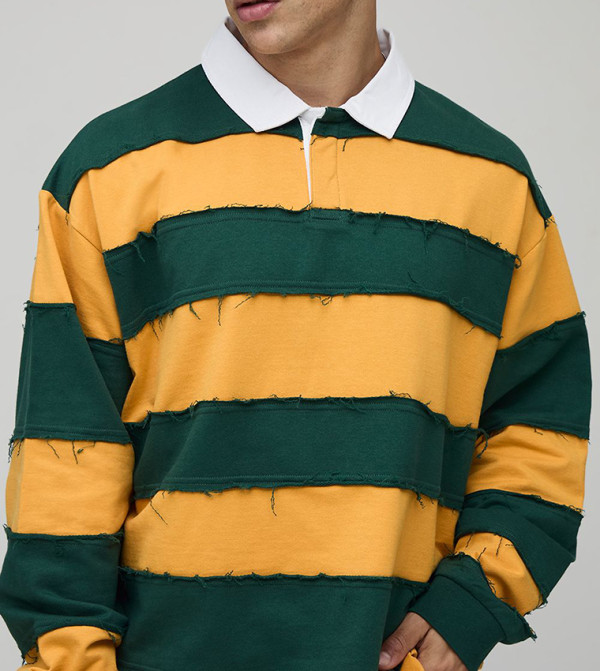 Distressed Long Sleeves Oversized Rugby Polo T-Shirt