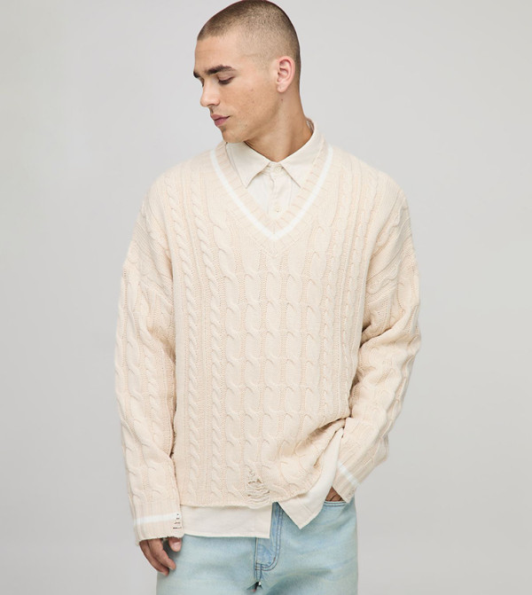 Cable Knit Distressed Hem V-Neck Knitted Sweater