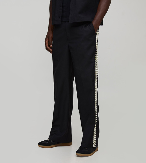 Pearl Trim Half and Half Waist Crease Front Wide Leg Trousers