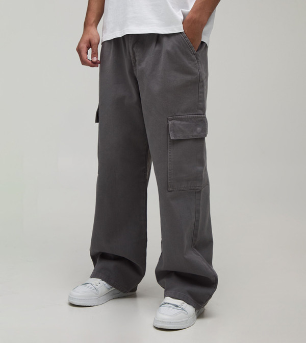Half & Half Waistband Cargo Pocket Washed Twill Trousers
