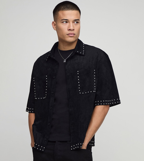 Faux Suede Stud Detail Short Sleeves Oversized Shirt