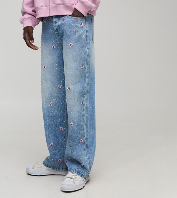 Relaxed Fit Floral Embellished Jeans
