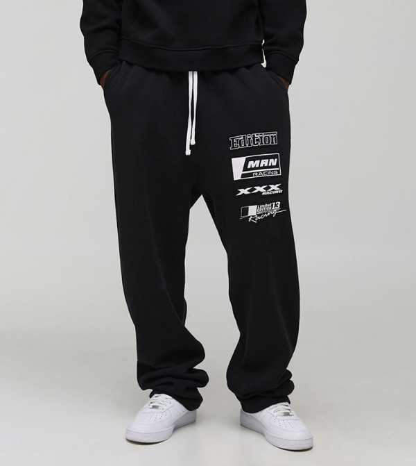 Tall Oversized Dropped Crotch Flame Applique Moto Sweatpants