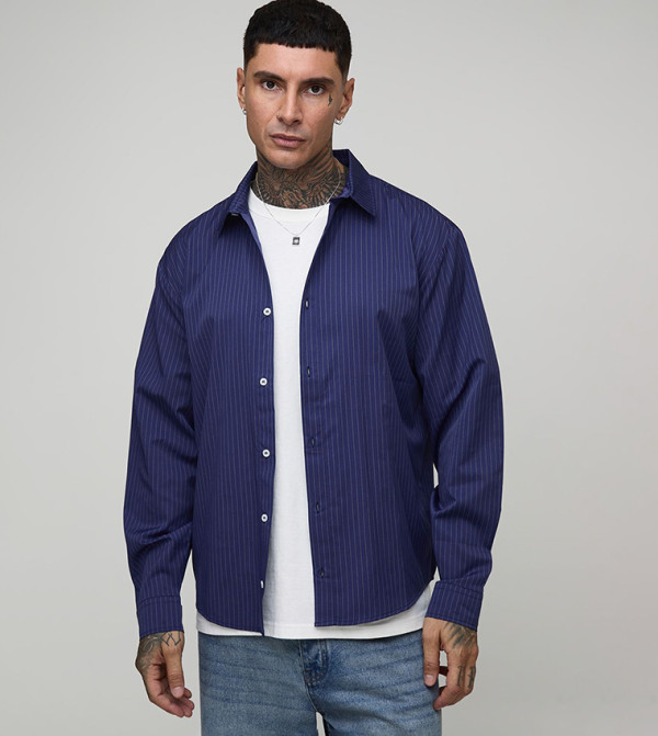 Tall Oversized Long Sleeves Striped Curved Hem Shirt