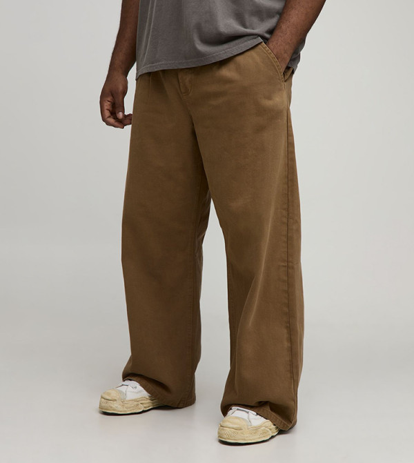 Wide Fit Half & Half Waistband Washed Twill Trousers