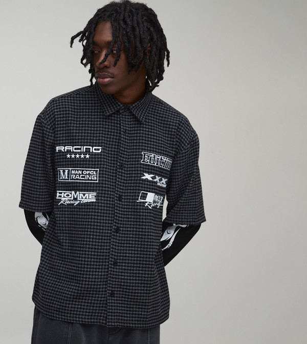 Moto Badge Faux Layer Check Long Sleeves Shirt