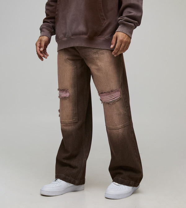 Washed Ripped Carpenter Rigid Wide Leg Jeans