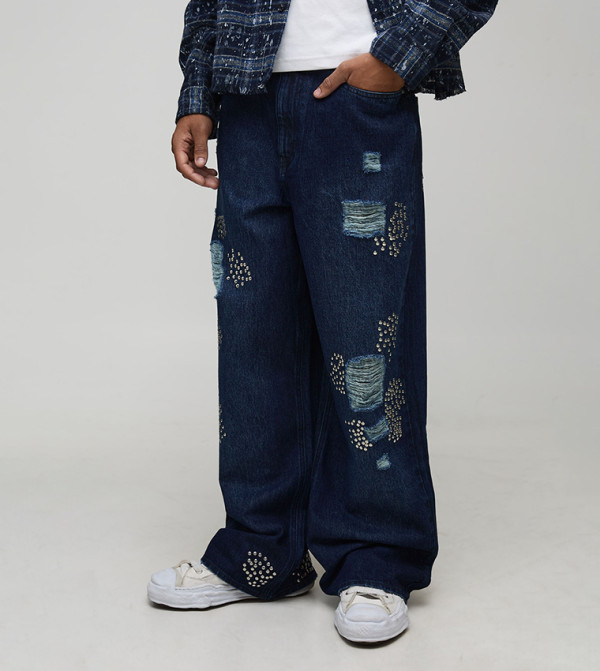 Rip & Repair Studded Wide Leg Jeans