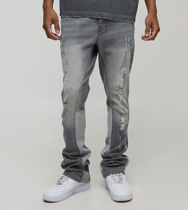 Stacked Gusset Ripped Skinny Fit Flared Jeans