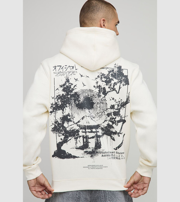 Ecru Regular Fit Stencil Landscape Printed Hoodie