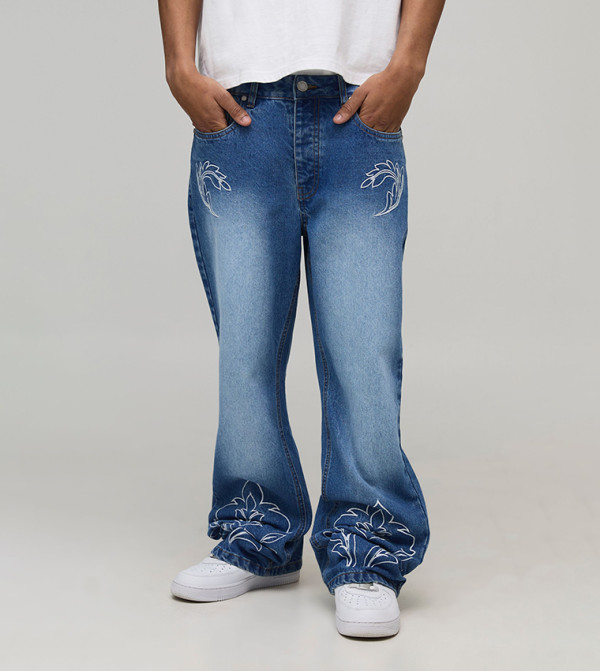 Western Embroidered Contrast Stitch Flared Jeans