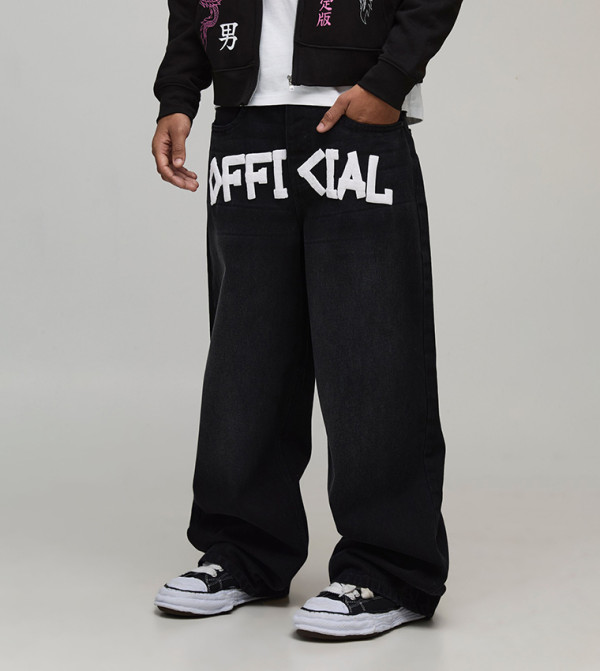 Tape Effect Crotch Print Baggy Fit Jeans