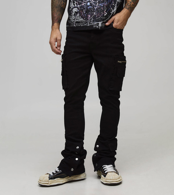 Skinny Stacked Flared Cargo Zip Popper Hem Trousers