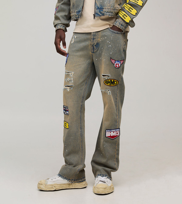 Moto Badge Washed Slim Fit Flared Jeans