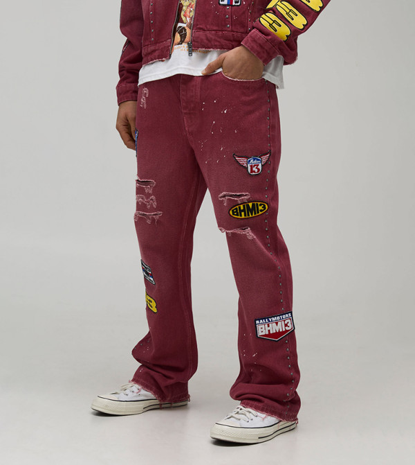 Moto Badge Washed Slim Fit Flared Jeans